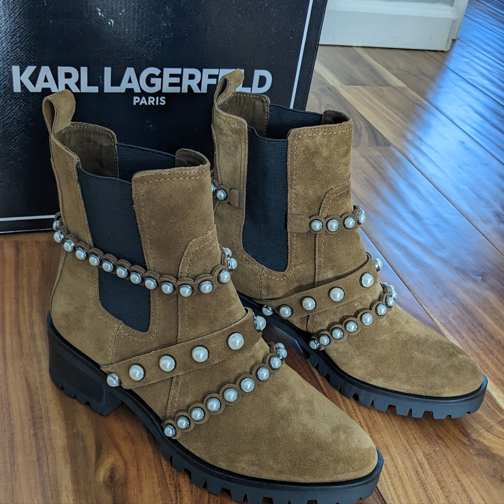 Karl Lagerfeld Paris Chelsea Suede Pearl Studded Boots Size 10 New in Box
